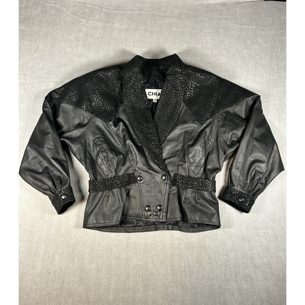 Chia Vintage 80s Black Leather Jacket Metallic Leopard Print Dolman Sleeve XL